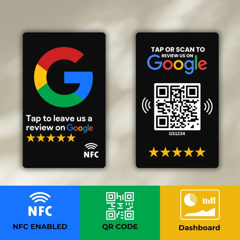 Information graphic from the Amazon listing for tinydabba Review NFC Card Black With Stand