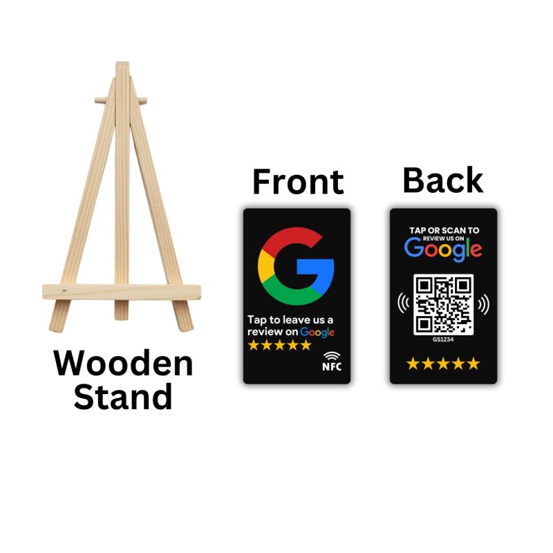 Information graphic from the Amazon listing for tinydabba Review NFC Card Black With Stand
