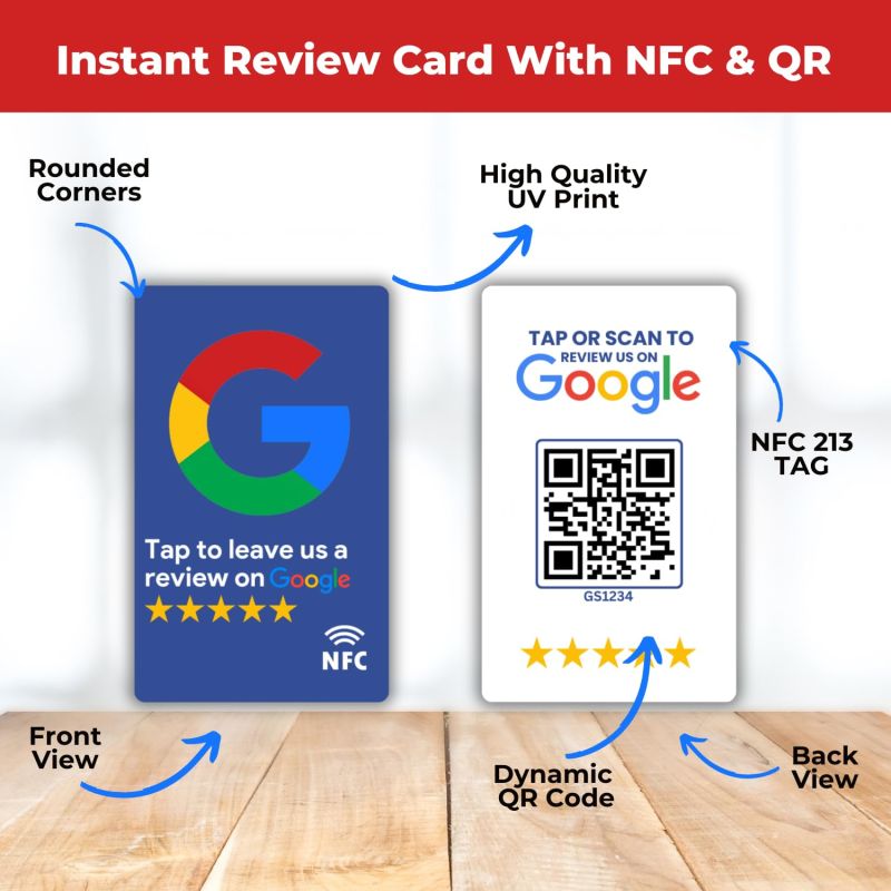 Information graphic from the Amazon listing for tinydabba Review NFC Card Blue With Stand| Along with QR Code