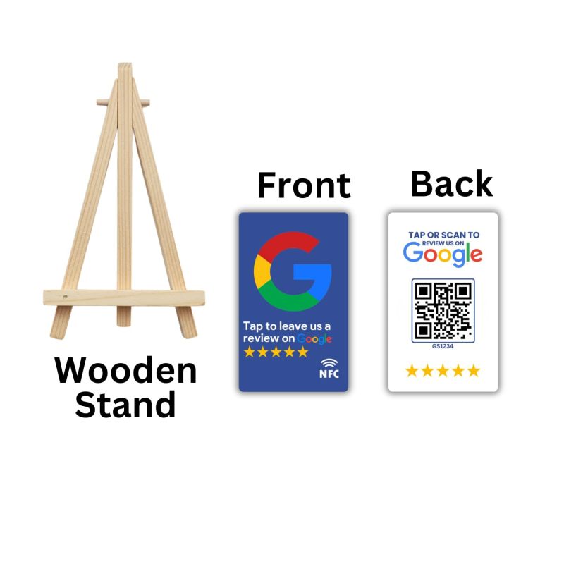 Information graphic from the Amazon listing for tinydabba Review NFC Card Blue With Stand| Along with QR Code