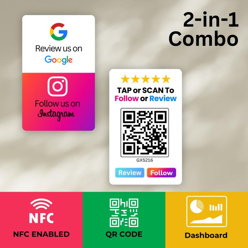 Information graphic from the Amazon listing for Review + Instagram 2-in-1 combo NFC Card with QR Code