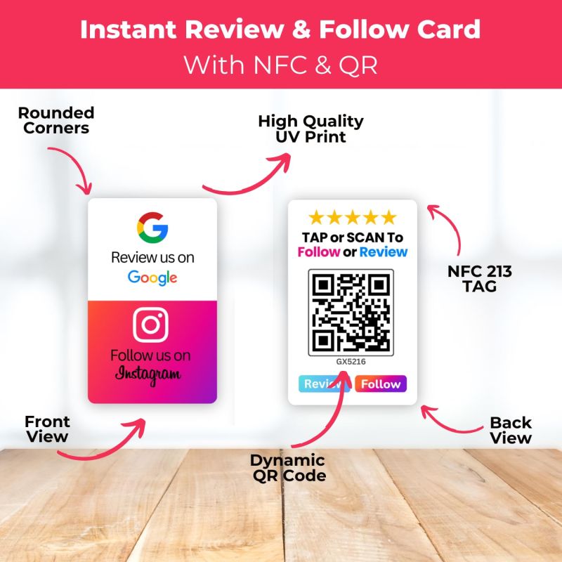 Information graphic from the Amazon listing for Review + Instagram 2-in-1 combo NFC Card with QR Code
