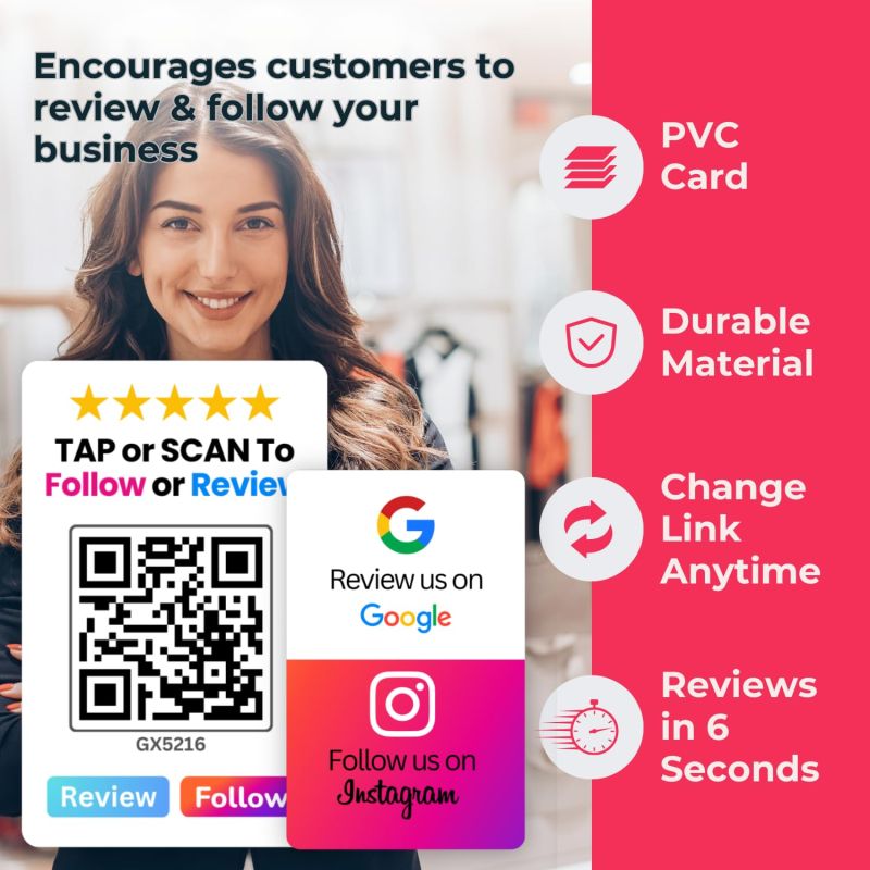 Information graphic from the Amazon listing for Review + Instagram 2-in-1 combo NFC Card with QR Code