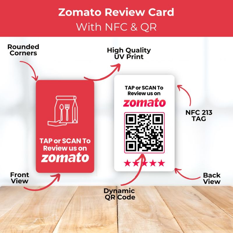 Information graphic from the Amazon listing for Zomato Review NFC Card with QR Code
