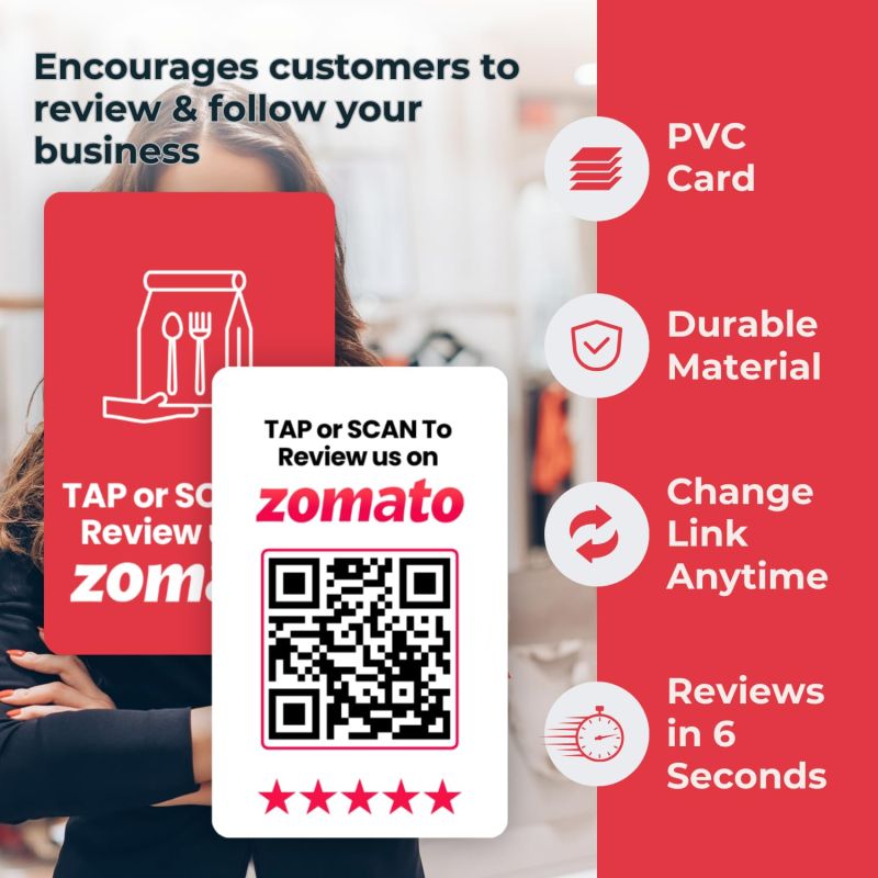 Information graphic from the Amazon listing for Zomato Review NFC Card with QR Code