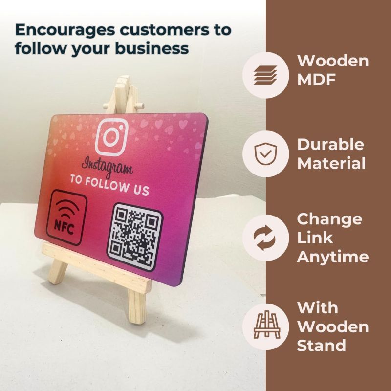 Information graphic from the Amazon listing for tinydabba Wooden Instagrm NFC Standee with QR Code (With Wooden Stand)