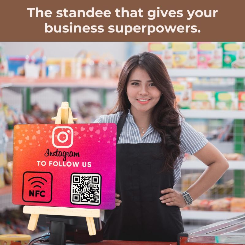 Information graphic from the Amazon listing for tinydabba Wooden Instagrm NFC Standee with QR Code (With Wooden Stand)