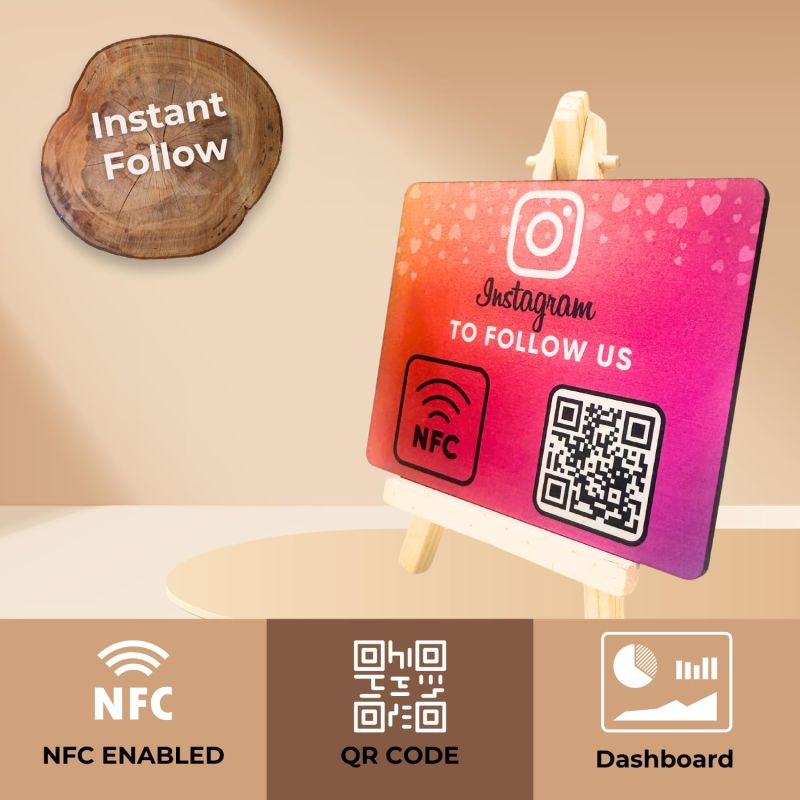 Information graphic from the Amazon listing for tinydabba Wooden Instagrm NFC Standee with QR Code (With Wooden Stand)