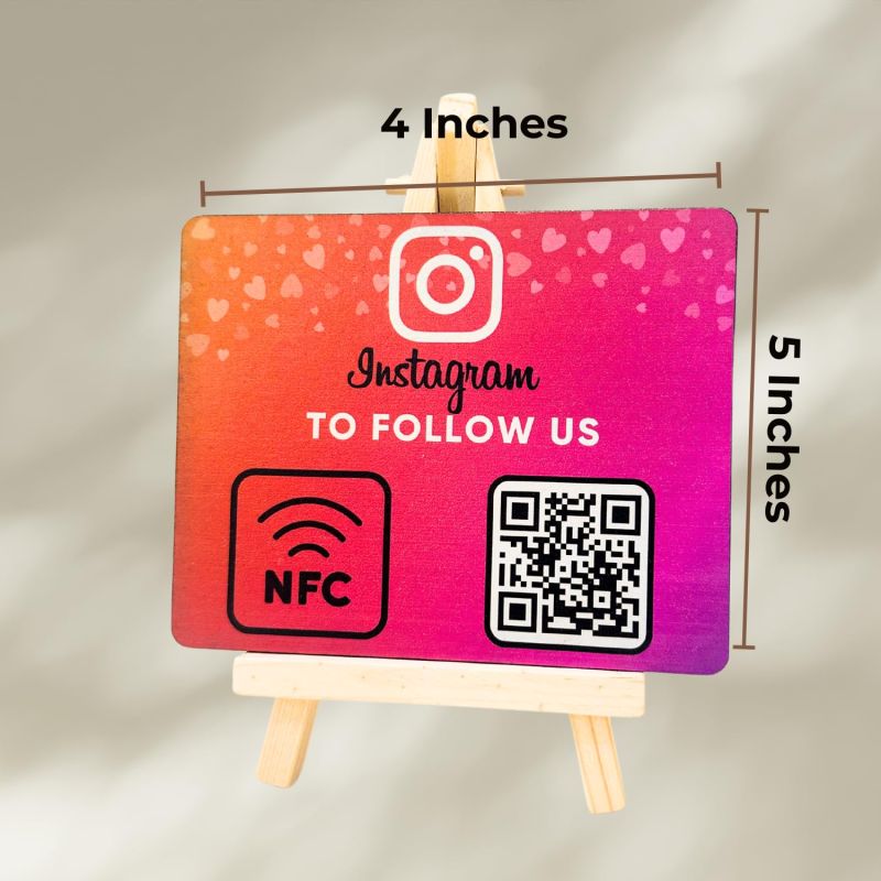 Information graphic from the Amazon listing for tinydabba Wooden Instagrm NFC Standee with QR Code (With Wooden Stand)