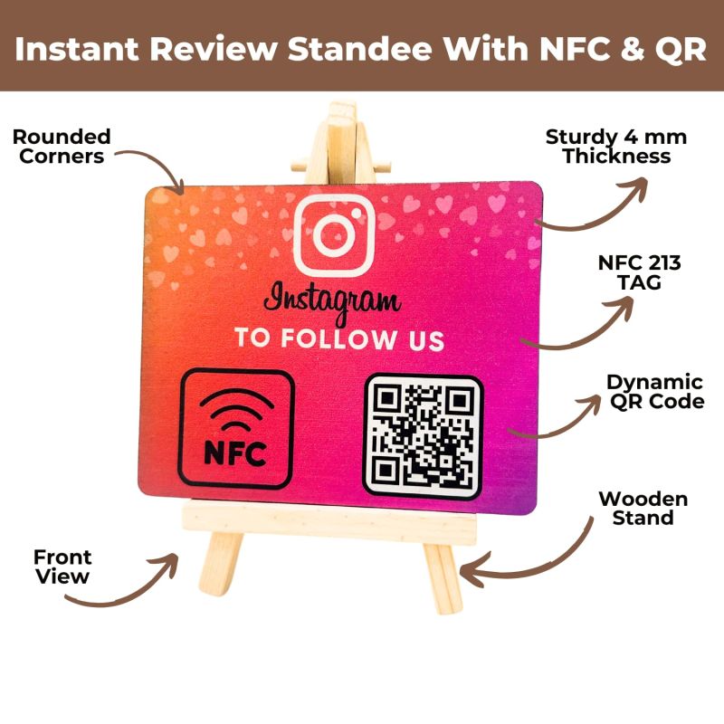 Information graphic from the Amazon listing for tinydabba Wooden Instagrm NFC Standee with QR Code (With Wooden Stand)
