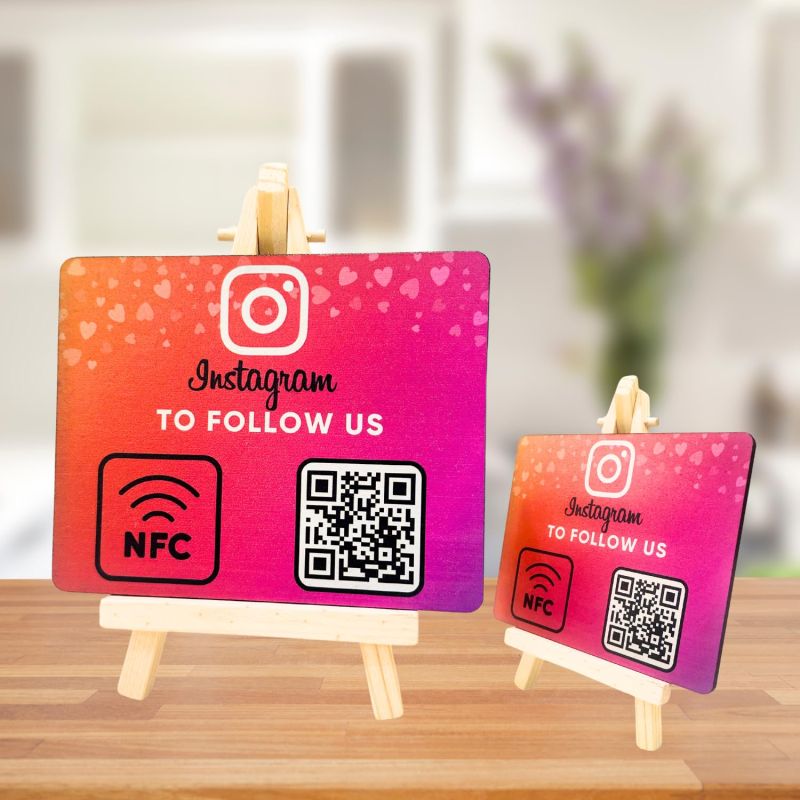 Information graphic from the Amazon listing for tinydabba Wooden Instagrm NFC Standee with QR Code (With Wooden Stand)