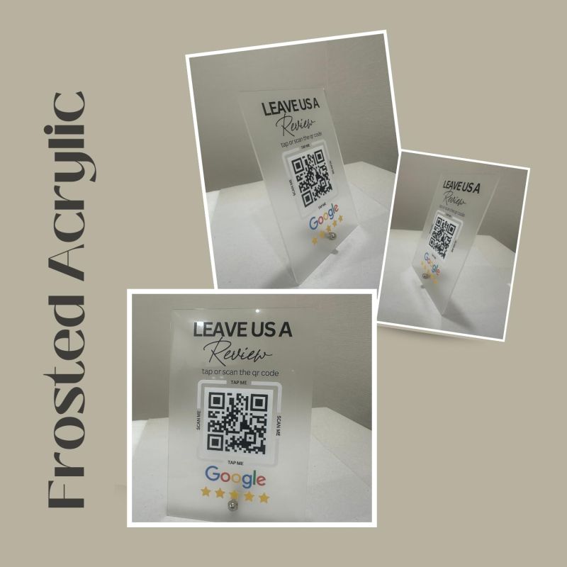 Information graphic from the Amazon listing for tinydabba Premium Frosted NFC & QR Code Review Standee
