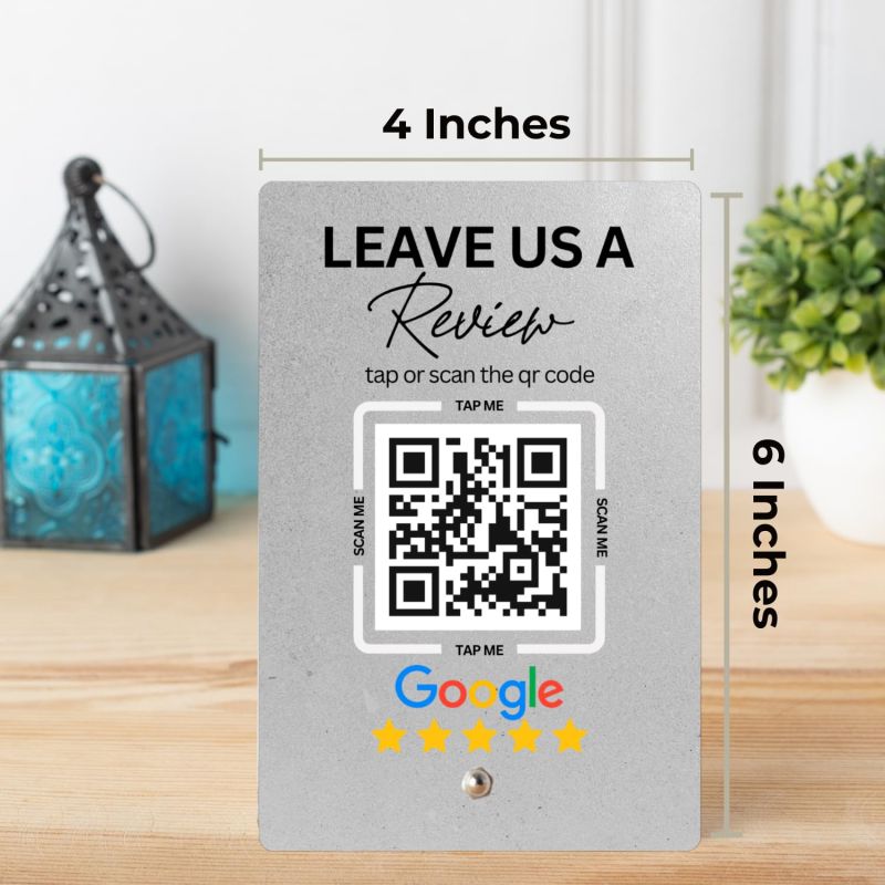 Information graphic from the Amazon listing for tinydabba Premium Frosted NFC & QR Code Review Standee