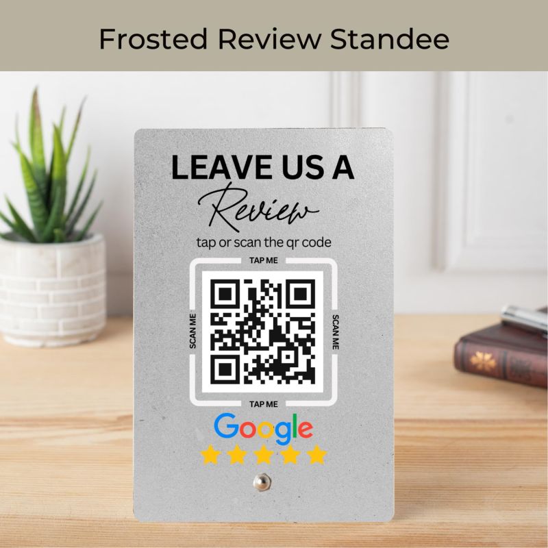 Information graphic from the Amazon listing for tinydabba Premium Frosted NFC & QR Code Review Standee