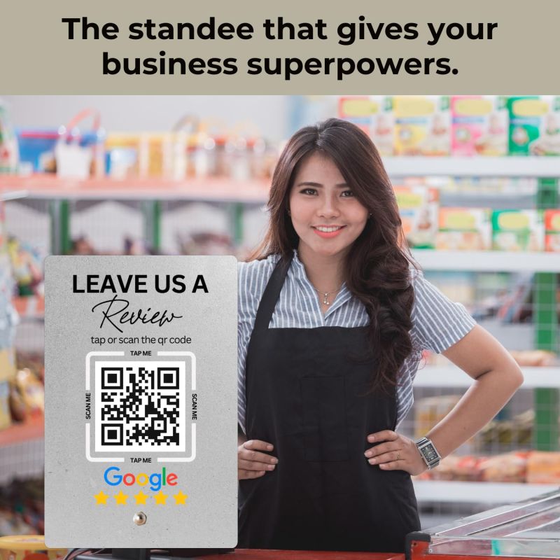 Information graphic from the Amazon listing for tinydabba Premium Frosted NFC & QR Code Review Standee