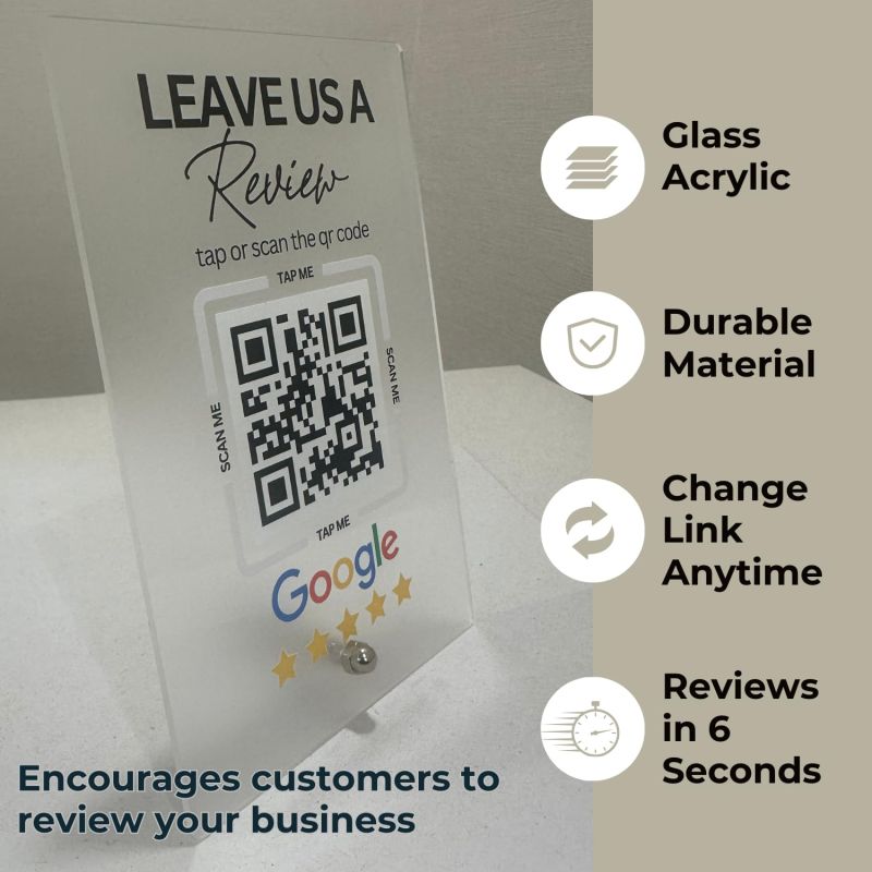 Information graphic from the Amazon listing for tinydabba Premium Frosted NFC & QR Code Review Standee