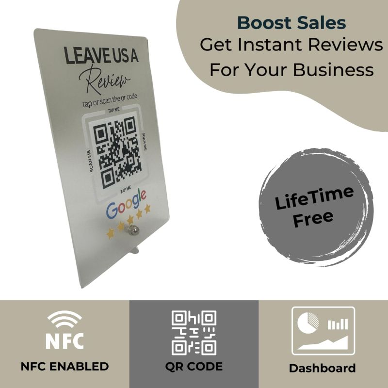 Information graphic from the Amazon listing for tinydabba Premium Frosted NFC & QR Code Review Standee