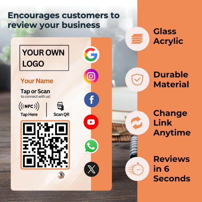 Information graphic from the Amazon listing for tinydabba All in One Custom Review NFC Standee with QR Code