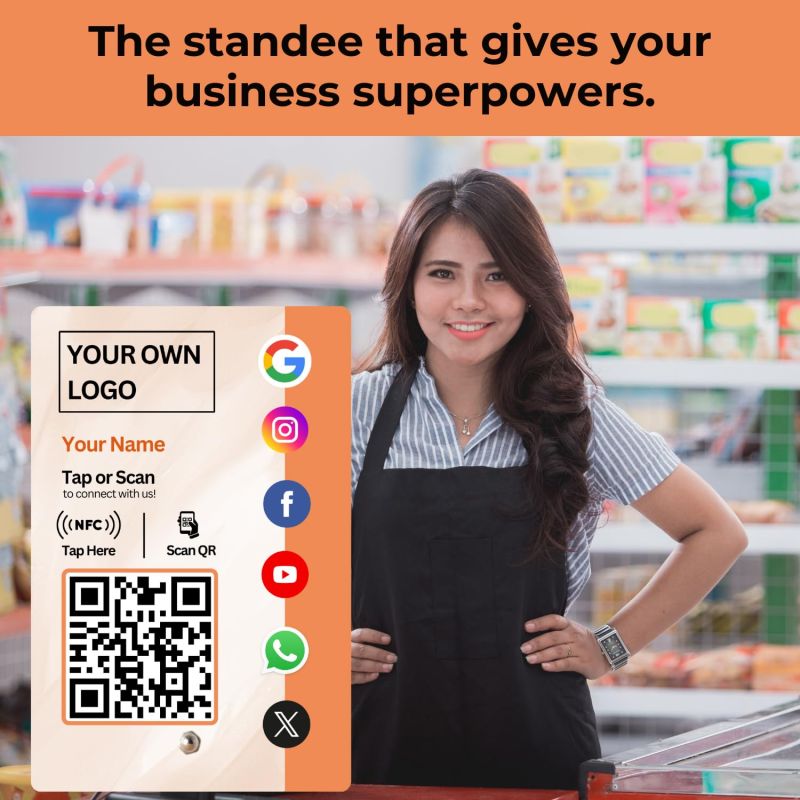 Information graphic from the Amazon listing for tinydabba All in One Custom Review NFC Standee with QR Code