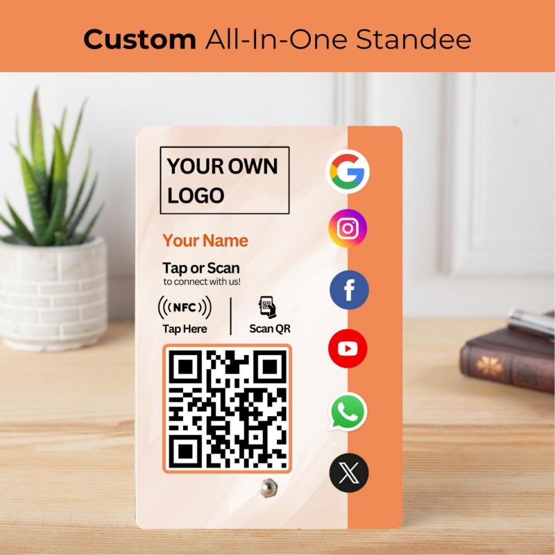 Information graphic from the Amazon listing for tinydabba All in One Custom Review NFC Standee with QR Code