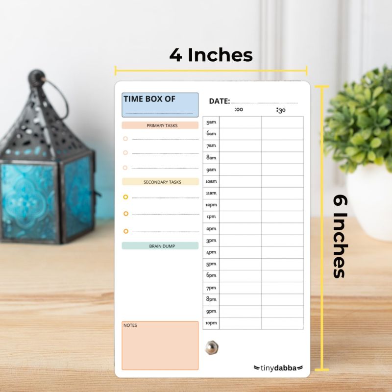 Information graphic from the Amazon listing for tinydabba Daily Planner Organizer, Timebox (4x6 inch)