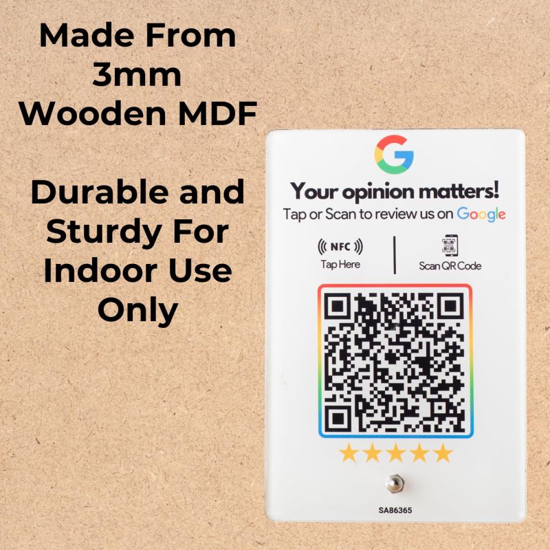 Information graphic from the Amazon listing for tinydabba Wooden (White Printed) Review NFC Standee with QR Code