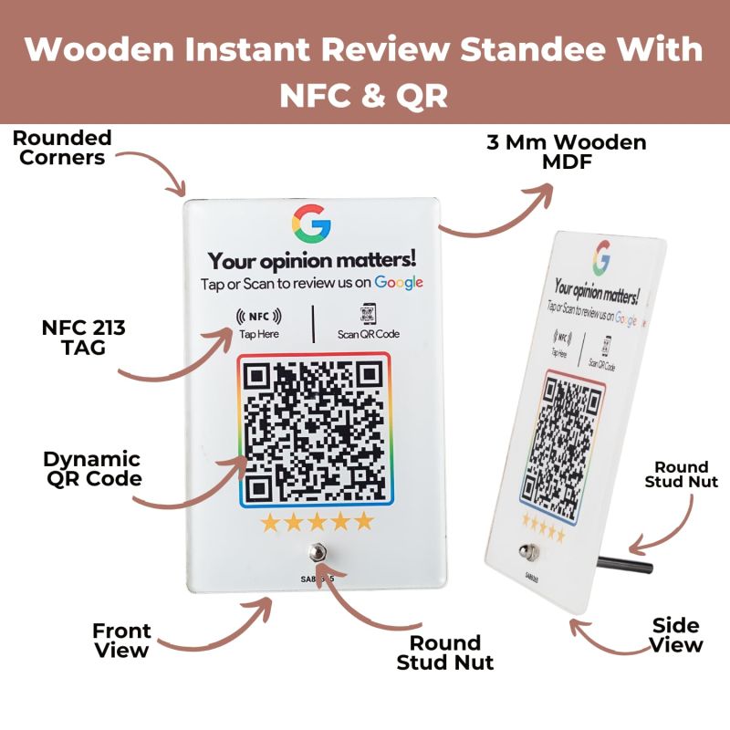 Information graphic from the Amazon listing for tinydabba Wooden (White Printed) Review NFC Standee with QR Code