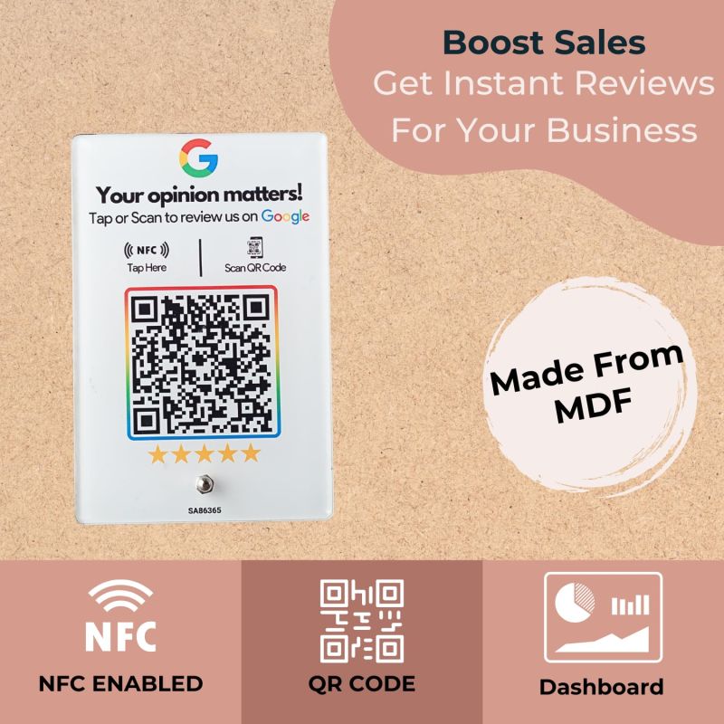 Information graphic from the Amazon listing for tinydabba Wooden (White Printed) Review NFC Standee with QR Code