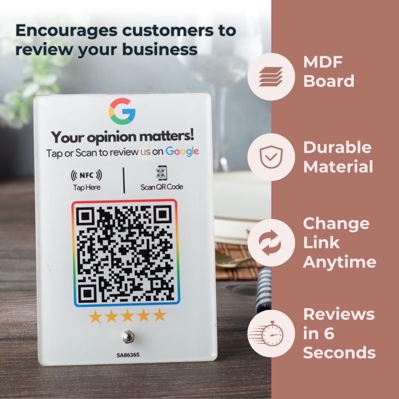 Information graphic from the Amazon listing for tinydabba Wooden (White Printed) Review NFC Standee with QR Code