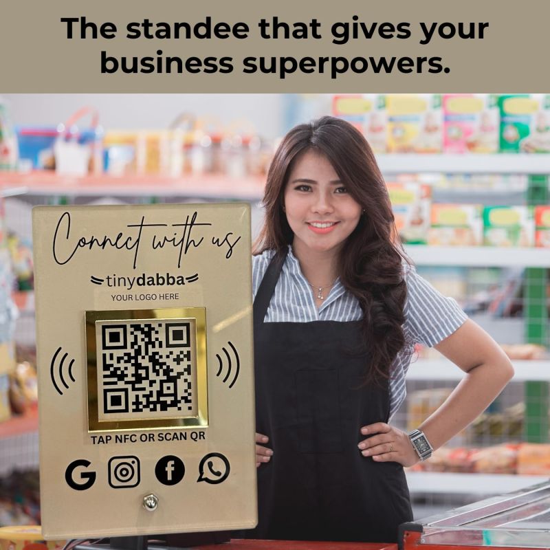 Information graphic from the Amazon listing for tinydabba Premium All in One Custom Review NFC Standee with QR Code