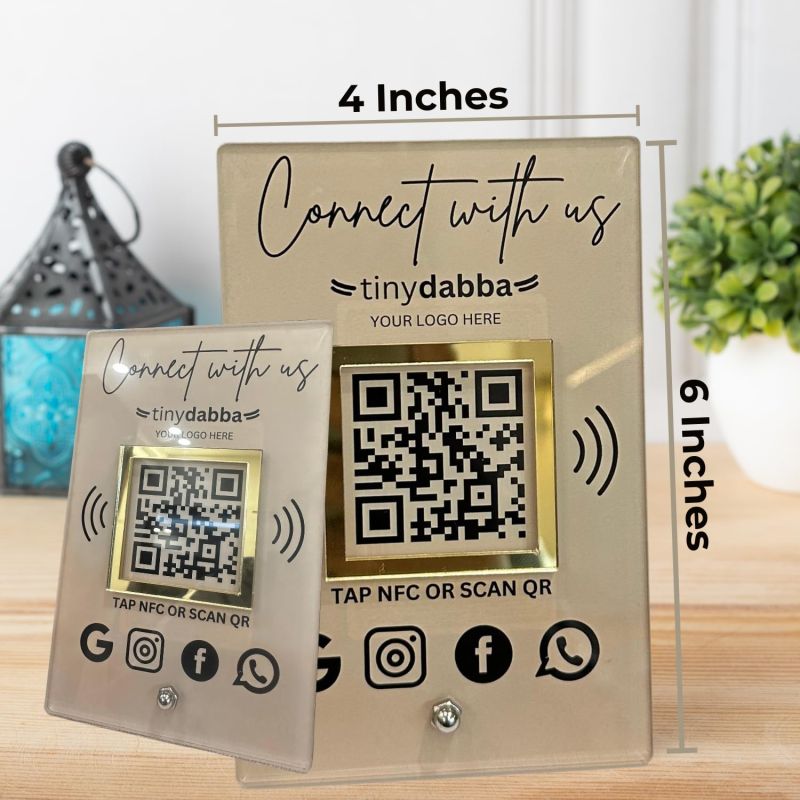 Information graphic from the Amazon listing for tinydabba Premium All in One Custom Review NFC Standee with QR Code