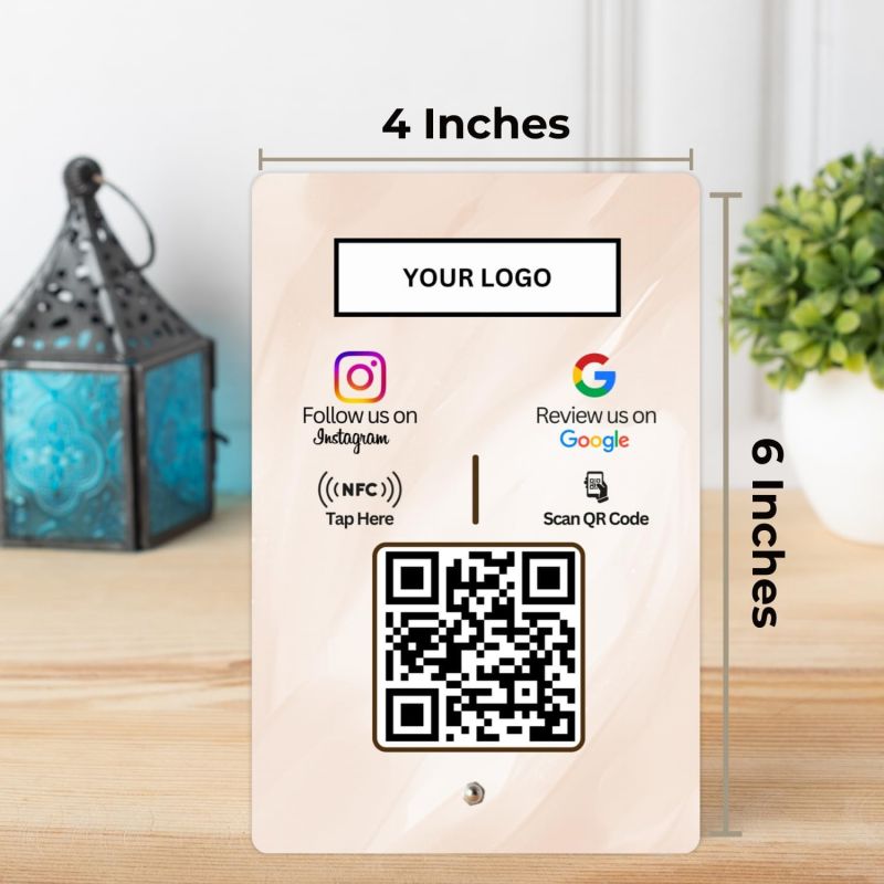 Information graphic from the Amazon listing for tinydabba Custom Review + Instagram 2-in-1 combo NFC Standee with QR Code