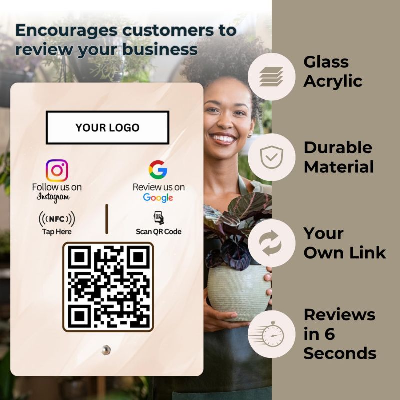 Information graphic from the Amazon listing for tinydabba Custom Review + Instagram 2-in-1 combo NFC Standee with QR Code