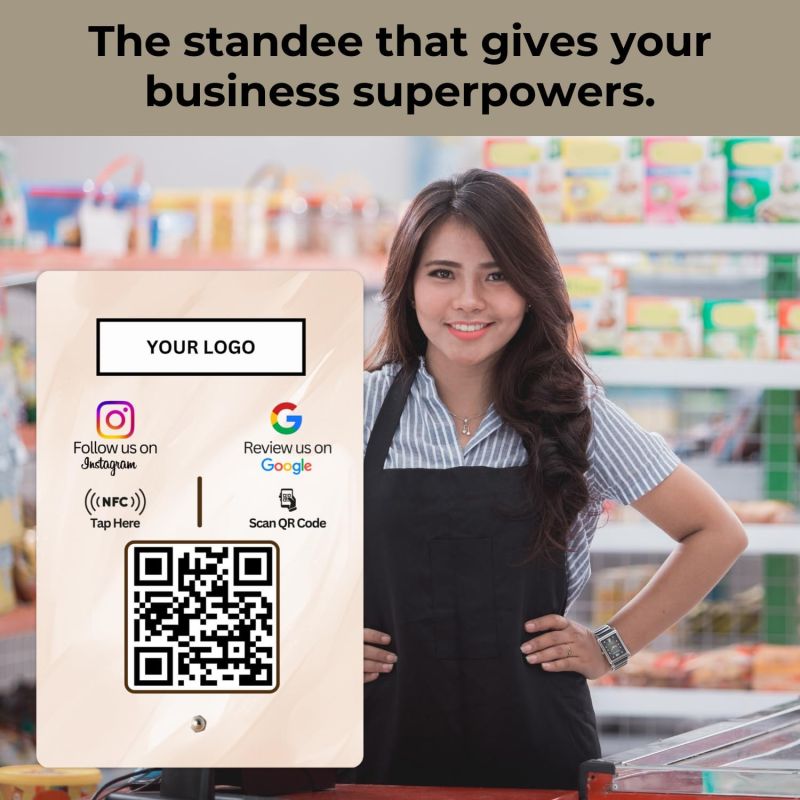 Information graphic from the Amazon listing for tinydabba Custom Review + Instagram 2-in-1 combo NFC Standee with QR Code