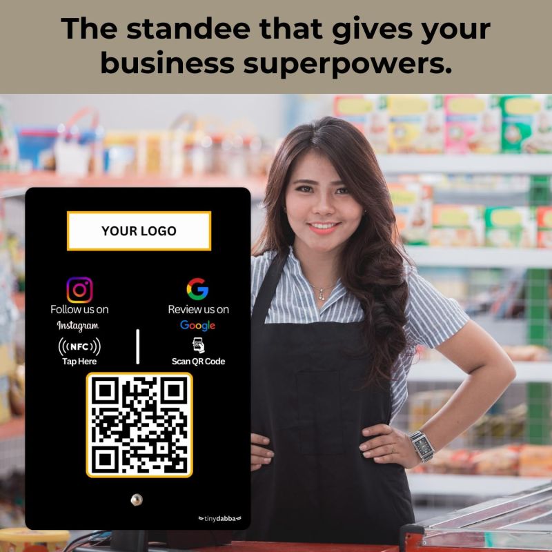 Information graphic from the Amazon listing for tinydabba Custom Review + Instagram 2-in-1 combo NFC Standee with QR Code