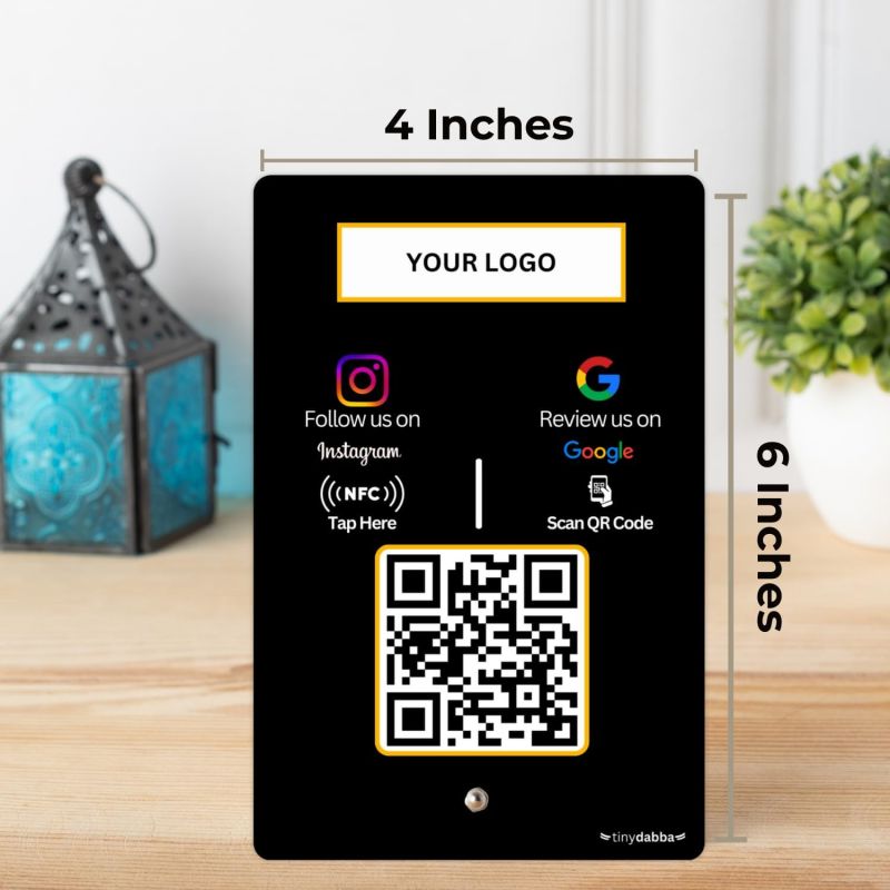 Information graphic from the Amazon listing for tinydabba Custom Review + Instagram 2-in-1 combo NFC Standee with QR Code