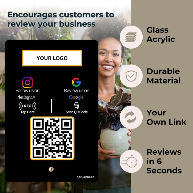 Information graphic from the Amazon listing for tinydabba Custom Review + Instagram 2-in-1 combo NFC Standee with QR Code