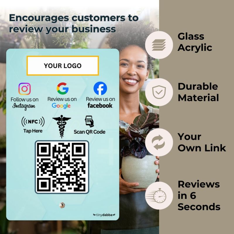 Information graphic from the Amazon listing for tinydabba Custom Review NFC Standee with QR Code for Doctors