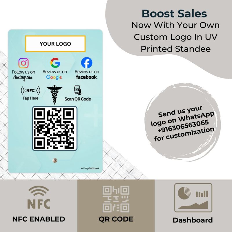 Information graphic from the Amazon listing for tinydabba Custom Review NFC Standee with QR Code for Doctors