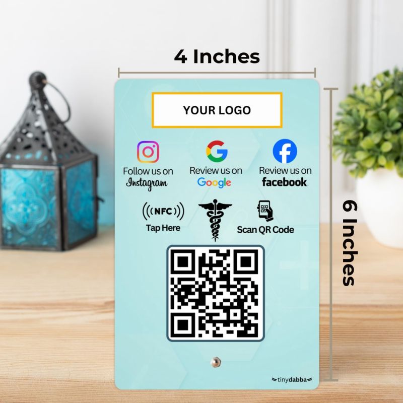 Information graphic from the Amazon listing for tinydabba Custom Review NFC Standee with QR Code for Doctors