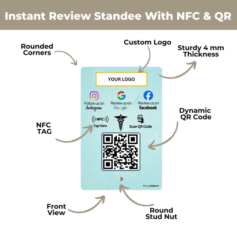 Information graphic from the Amazon listing for tinydabba Custom Review NFC Standee with QR Code for Doctors
