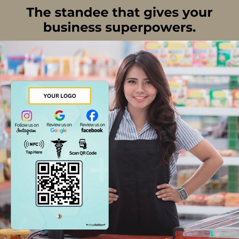 Information graphic from the Amazon listing for tinydabba Custom Review NFC Standee with QR Code for Doctors