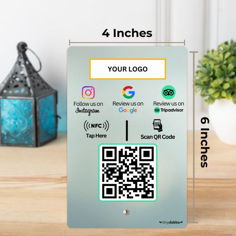 Information graphic from the Amazon listing for tinydabba Custom Review NFC Standee with QR Code for Hotel & Cafe
