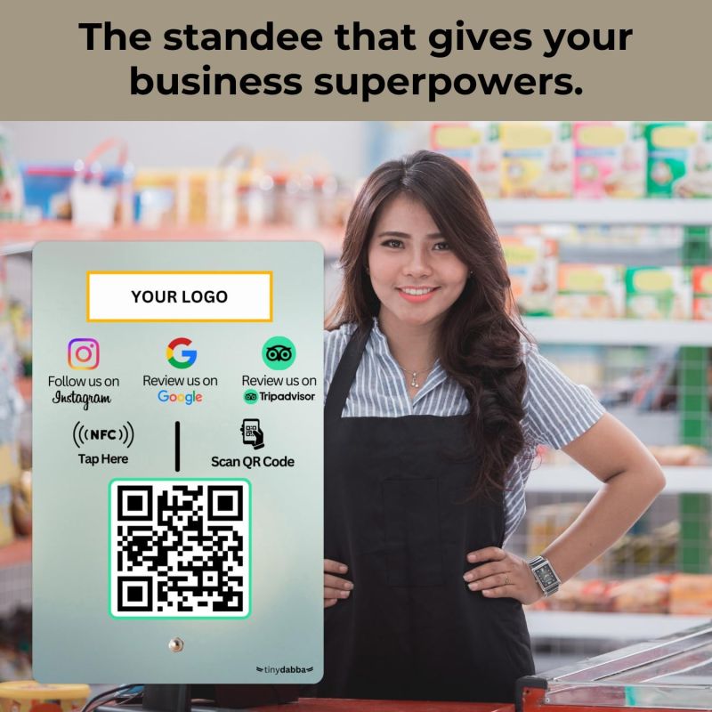 Information graphic from the Amazon listing for tinydabba Custom Review NFC Standee with QR Code for Hotel & Cafe
