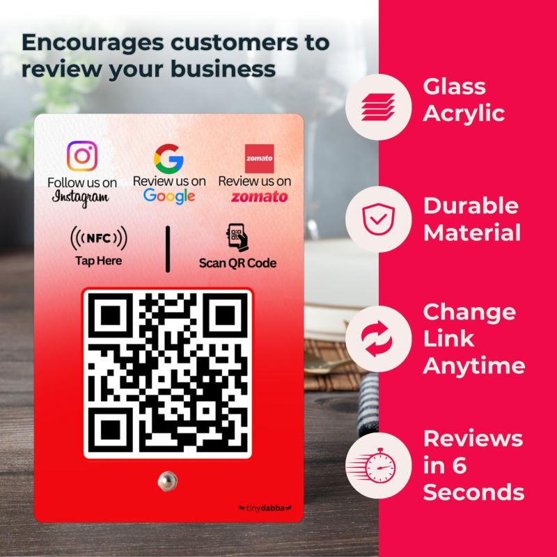 Information graphic from the Amazon listing for tinydabba Review + Instagram + Zomato 3-in-1 combo NFC Standee with QR Code