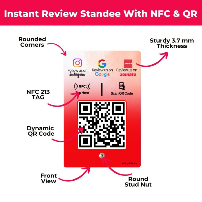 Information graphic from the Amazon listing for tinydabba Review + Instagram + Zomato 3-in-1 combo NFC Standee with QR Code