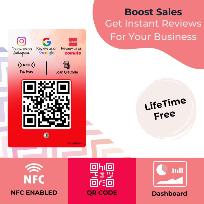 Information graphic from the Amazon listing for tinydabba Review + Instagram + Zomato 3-in-1 combo NFC Standee with QR Code