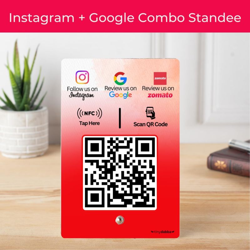 Information graphic from the Amazon listing for tinydabba Review + Instagram + Zomato 3-in-1 combo NFC Standee with QR Code