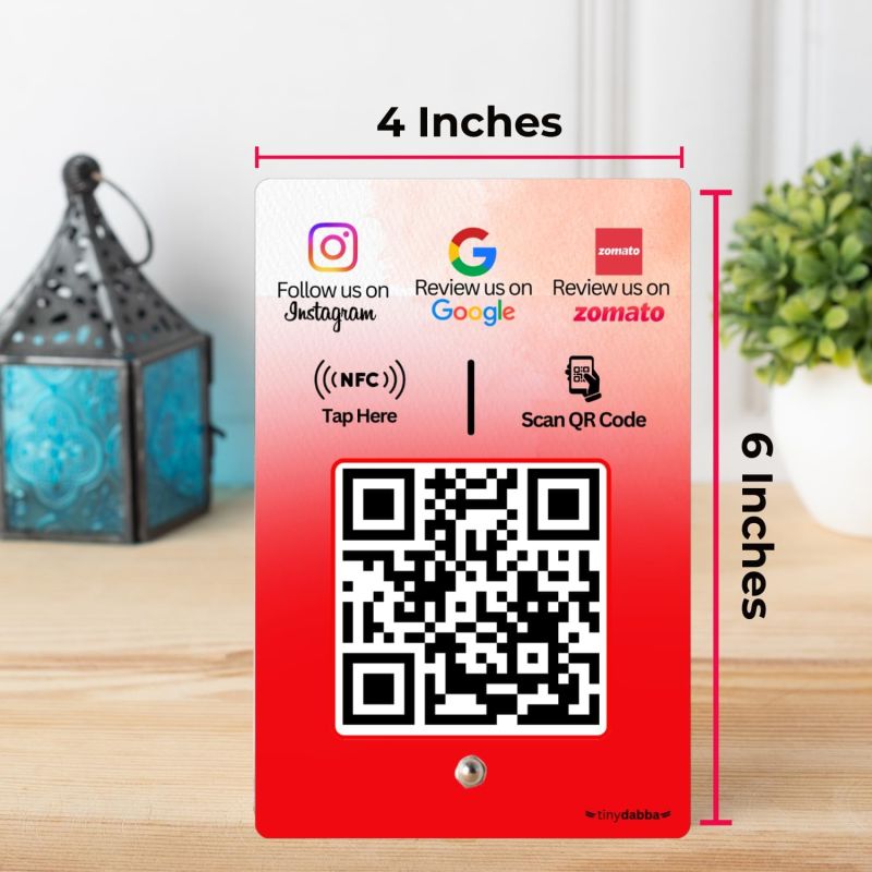 Information graphic from the Amazon listing for tinydabba Review + Instagram + Zomato 3-in-1 combo NFC Standee with QR Code