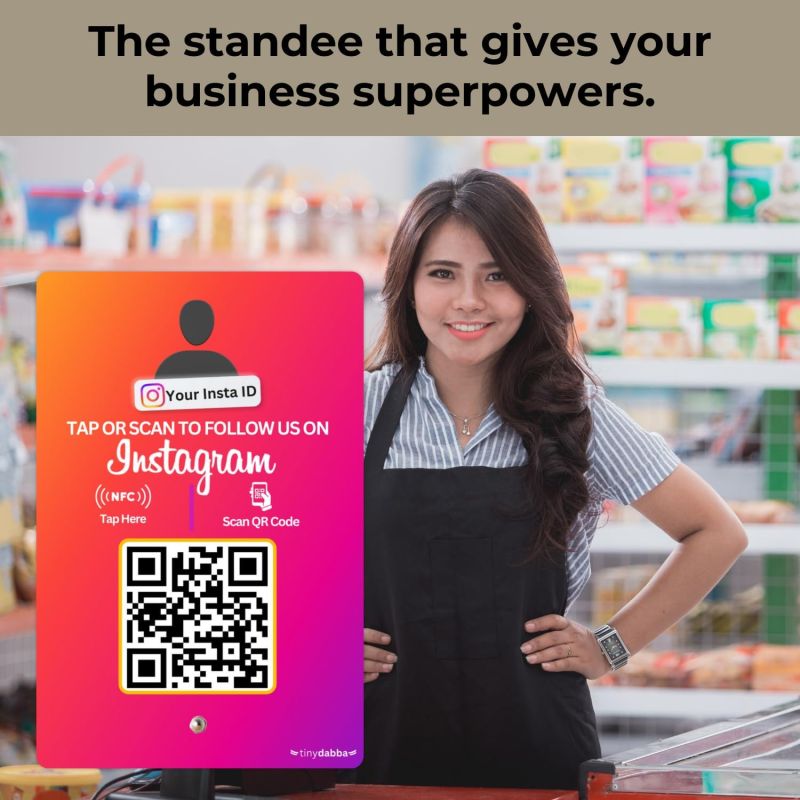 Information graphic from the Amazon listing for tinydabba Custom Instagram Review NFC Standee with QR Code